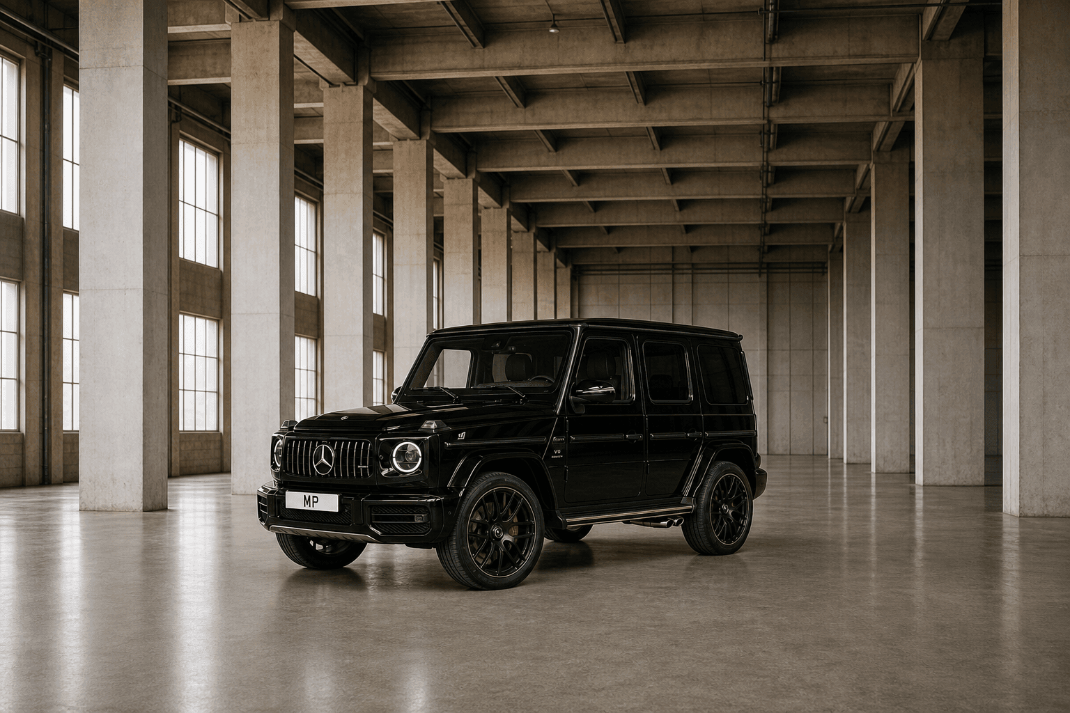 Black Mercedes-AMG G63 shown from front and rear in a warehouse