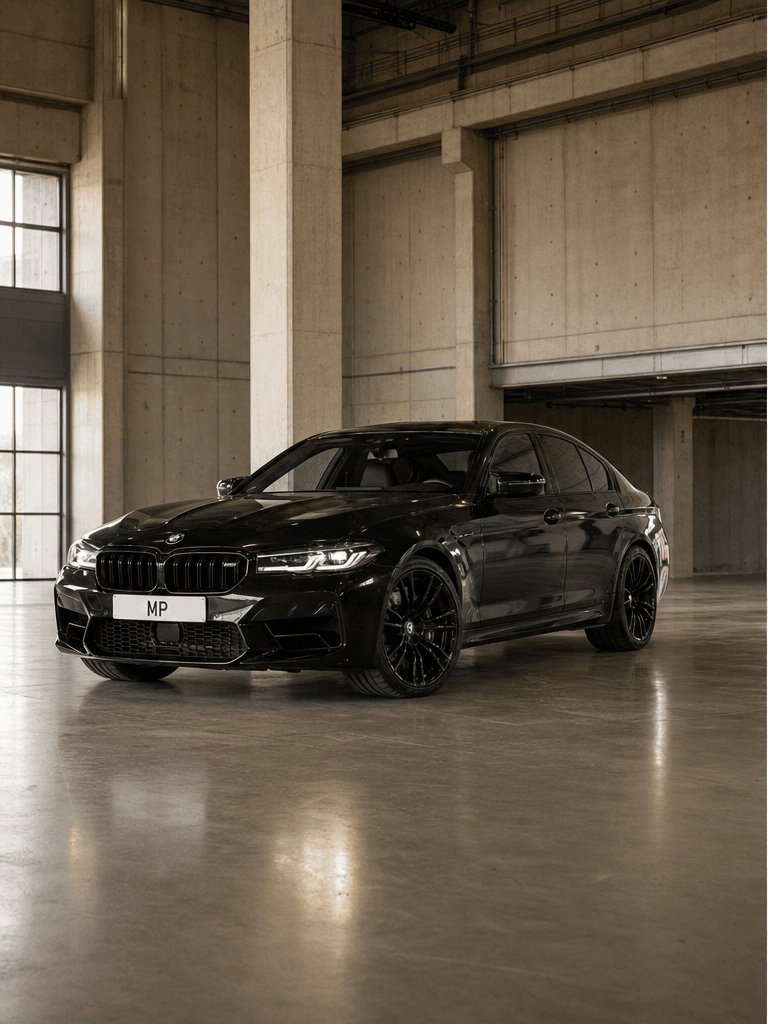 Black BMW M5 Competition shown from front and rear in a warehouse