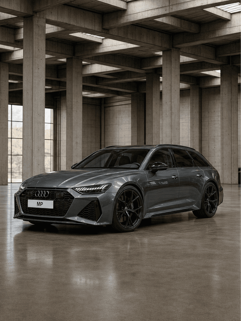 Grey Audi RS 6 Avant shown from front and rear in a warehouse