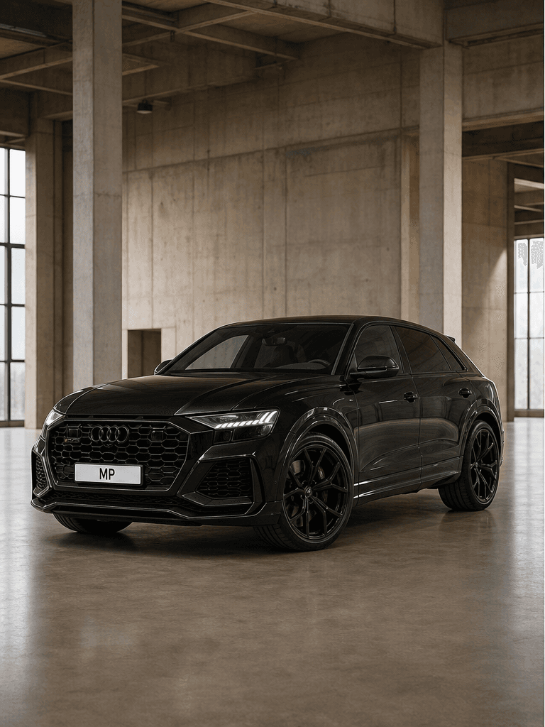 Black Audi RS Q8 shown from front and rear in a warehouse