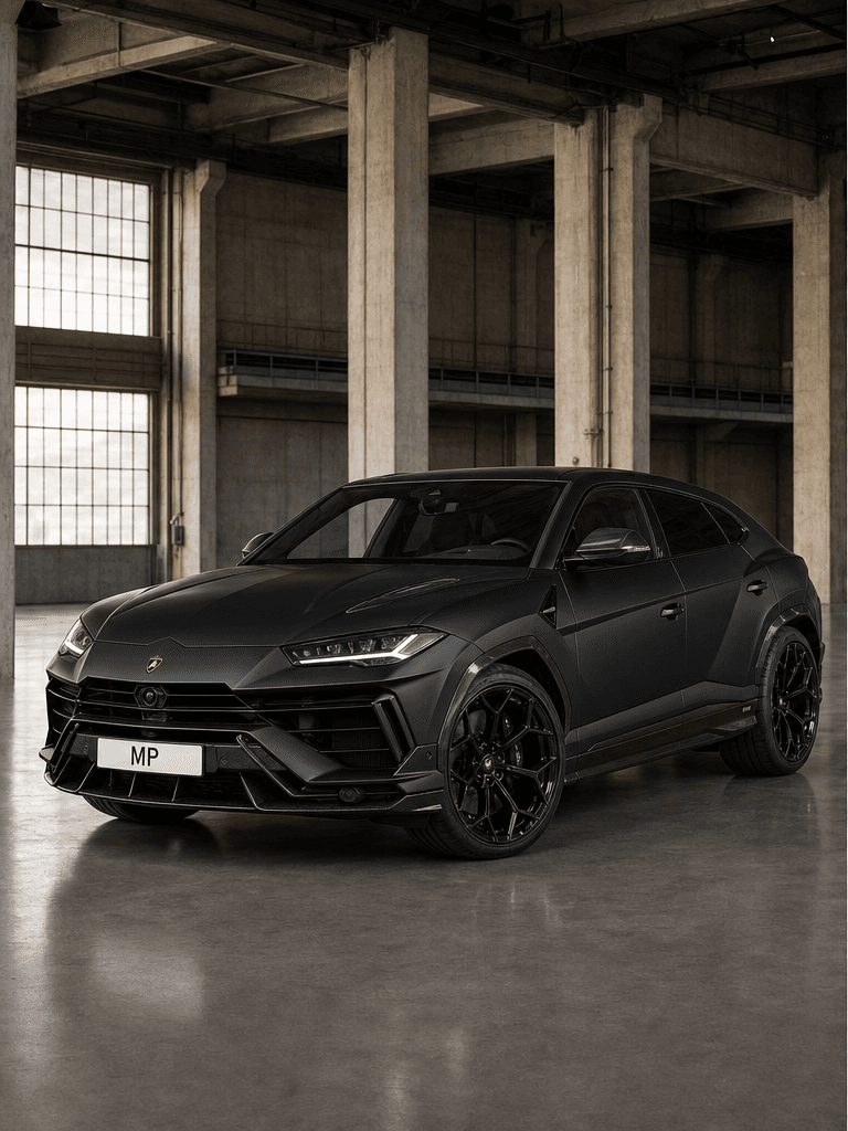 Black Lamborghini Urus Performante shown from front and rear in a warehouse