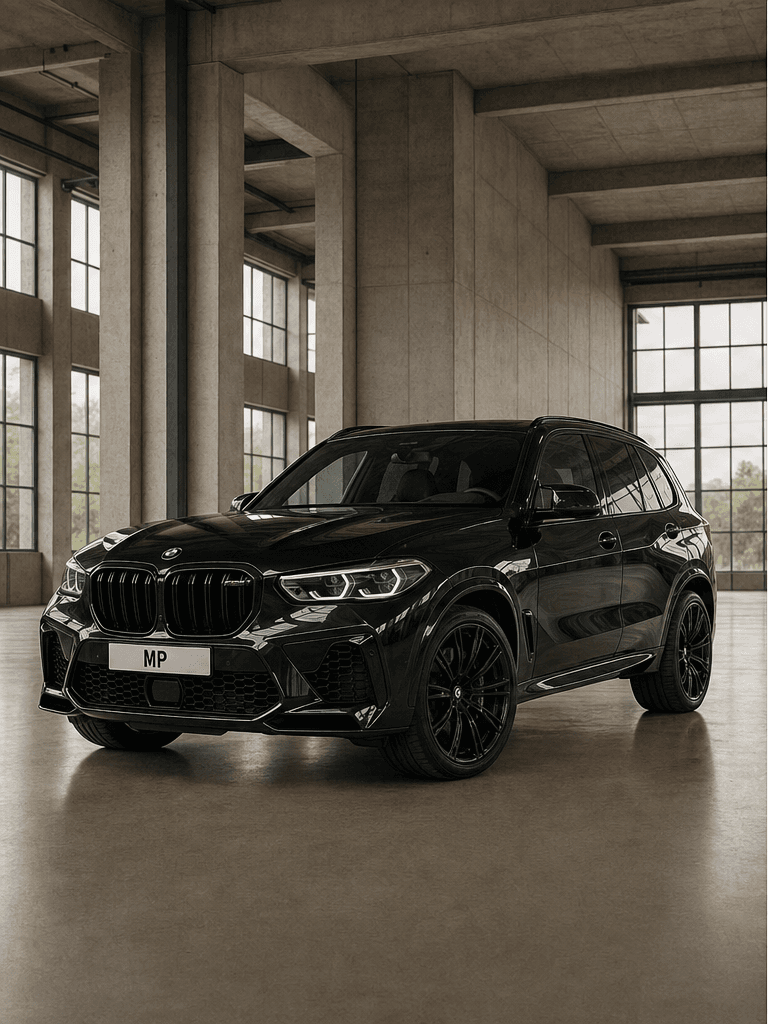 Black BMW X5 M Competition shown from front and rear in a warehouse
